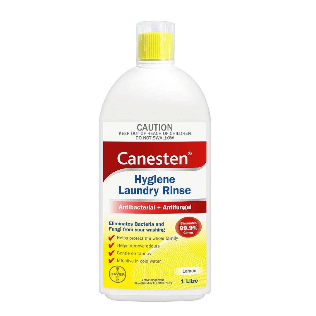 white and yellow bottle labelled canesten and hygiene laundry rinse
